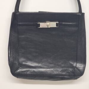 Fossil 1954 Black Leather Handbag Purse Key Turn Lock Snap & Zip Pockets 12"